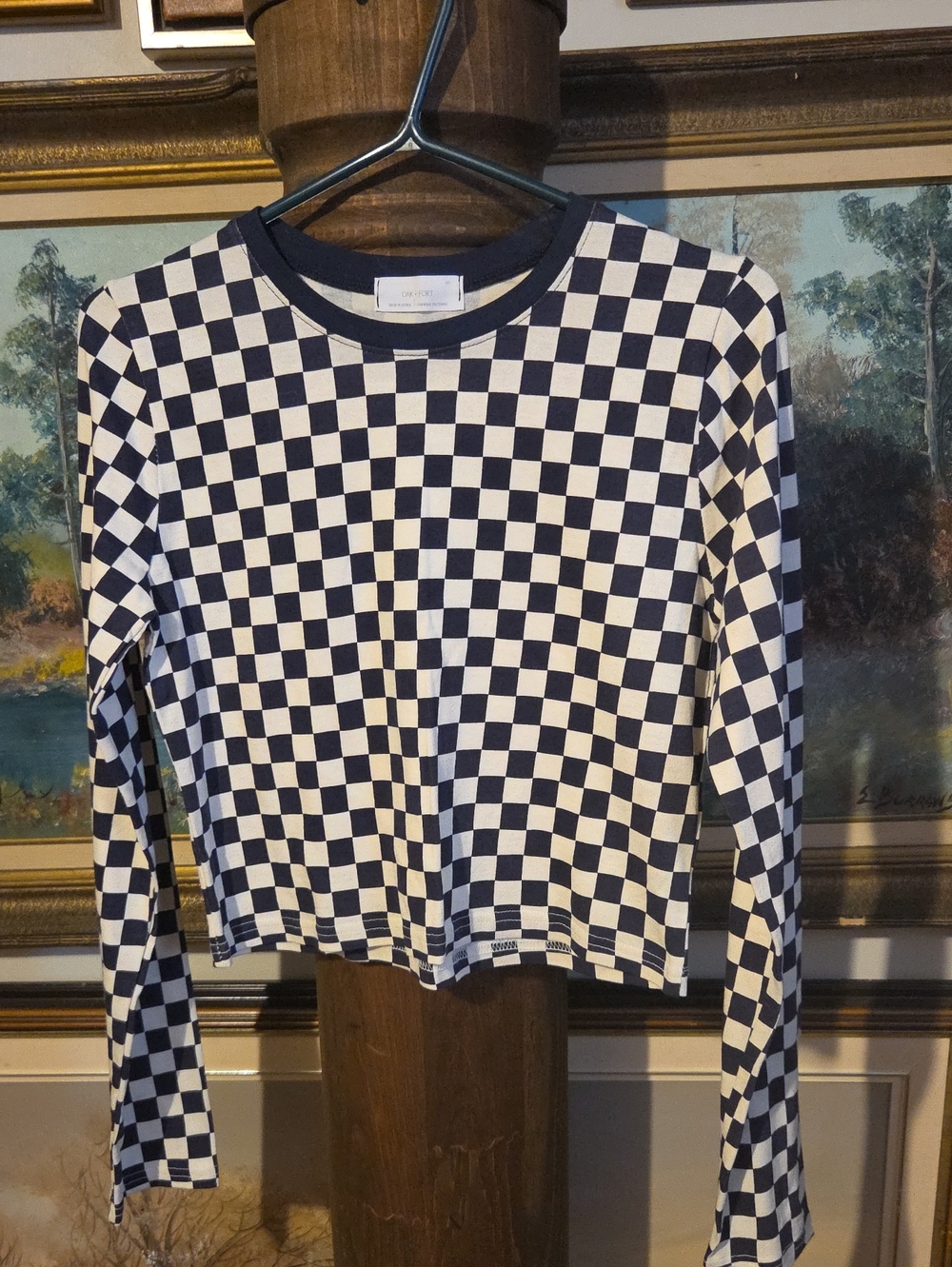 OAK + FORT Dark Blue and Cream Checkerboard Long-Sleeve Crop Top
